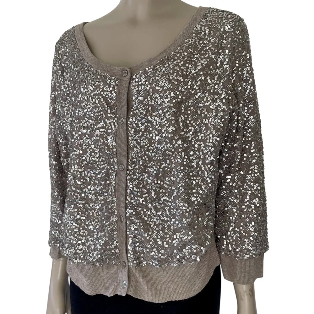 American Eagle Taupe Silver Sequin Cardigan Sweater